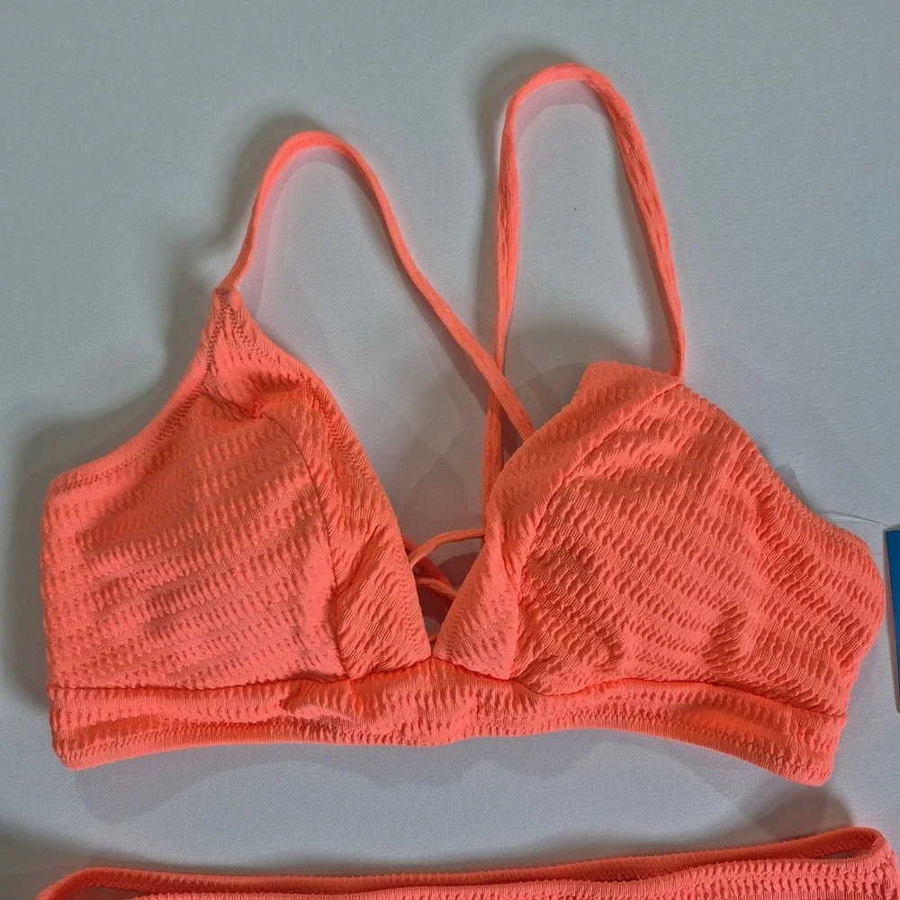 Cupshe Womens Neon Orange Smocked High Waisted Bikini‎ Set Size L New With Tags